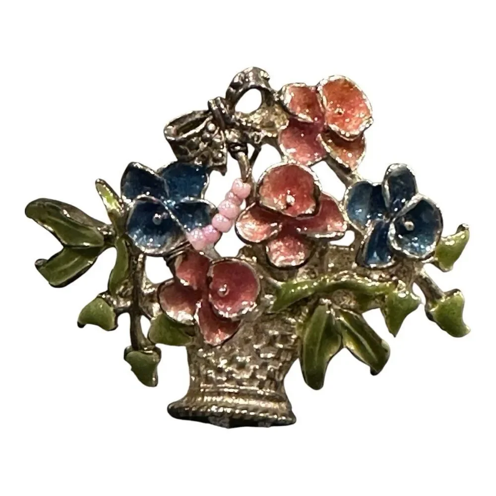 Vintage Enamel Floral Brooch with Blue and Pink Accents rare scares